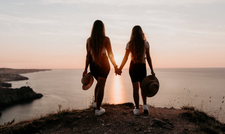 Two Women Standing on a Cliff at Sunsetの写真素材