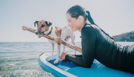 Woman Dog Paddleboard Smiling woman and dog enjoy paddleboarding on the water.の写真素材