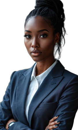 A mature Black female executive in cool tones, arms gently folded, gaze direct and calm, reflecting trustworthiness, mentorshipの素材