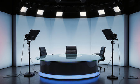 Corporate Broadcast Set Curved desk with glass top reflecting studio lights, empty executive chairs with perfect posture, LED backdrop showingの素材
