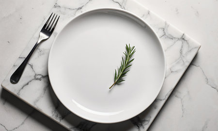 Culinary Photography Set. A clean culinary photography set with a pristine white plate centered on a marble slab, accompaniedの素材