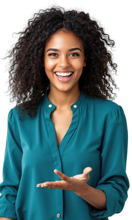 vibrant creative director - A mid-shot of a woman with curly hair wearing a teal blouse gesturing confidently, on transparentの素材
