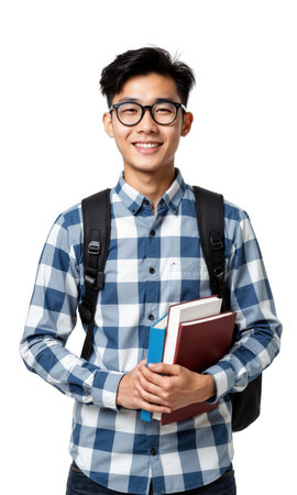 Happy Bookworm Student Young Asian male in glasses, checkered shirt, and backpack holding books, smiling confidently at the camera, centeredの素材