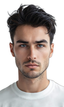 Man Serious Look. A young Caucasian man with short, dark, tousled hair and stubble, wearing a white t-shirt, looks intenselyの素材
