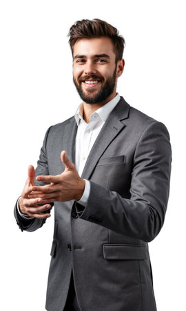 engaged webinar presenter - A medium shot of a man in a grey blazer gesturing toward unseen screen as ifの素材