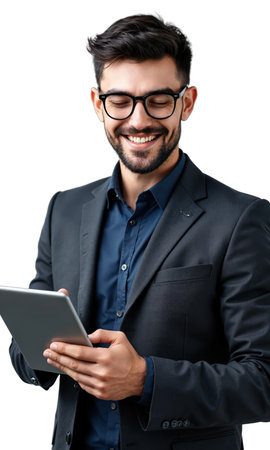 Man Tablet Smiling. A young Caucasian man with short dark hair, glasses, and a beard, wearing a dark suit jacketの素材