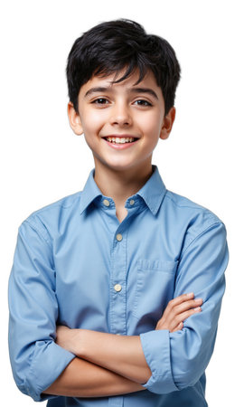 Youthful School Style Boy with dark hair in a blue button-up shirt, arms crossed, smiling wide, centered on white backgroundの素材