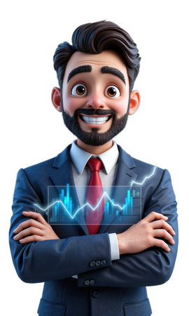 A sharp male entrepreneur in a deep red tie, with glowing digital projections and rising business graphs, showcasing his expertiseの素材