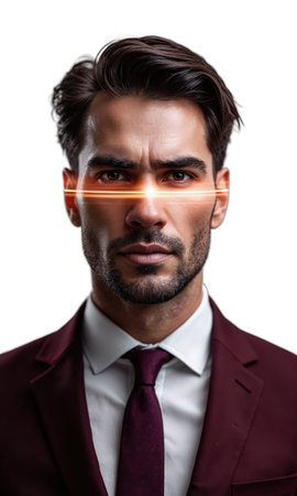 A visionary man in dark burgundy, his eyes reflecting a future full of brand collaborations as glowing rings of successの素材