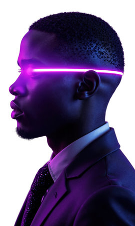 A calm man in slate purple, with a glowing ring circling one eye like a lens, symbolizing augmented insight, deepの素材