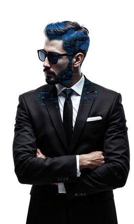 A focused male entrepreneur in a black suit, framed by financial data insights, symbolizing his determination to innovate and leadの素材