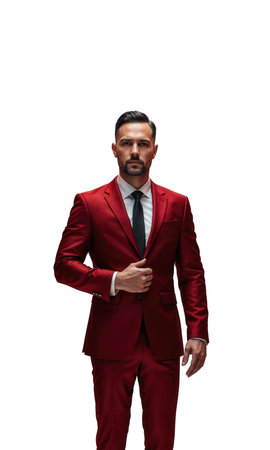 A male entrepreneur in metallic crimson, floating in a room of locked doors, each inscribed with a challenge, as heの素材