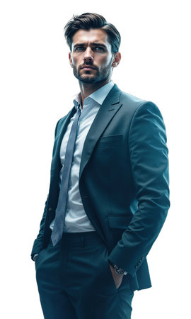 A determined male executive in dark teal, with abstract shapes of digital transformation surrounding him, symbolizing his emotional clarityの素材