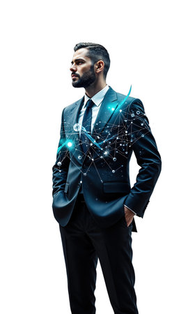 A visionary male business mogul in a dark suit, illuminated by financial data and rising economic projections, symbolizing his masteryの素材