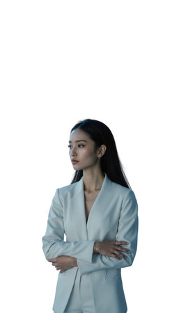 A serene woman in minimalist attire, standing against floating hourglass holograms, reflecting her calm, timely decision-making under pressure, isolated forの素材