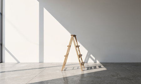 Stepladder and Shadows. A simple wooden stepladder stands alone in the center of a large, sunlit studio with white walls.の素材