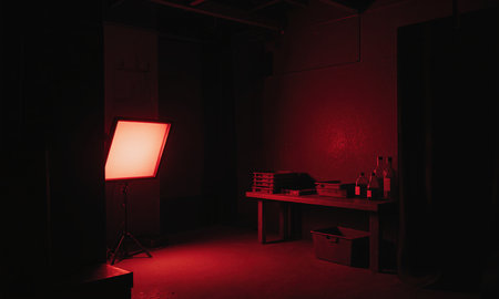Red Darkroom Light. An empty photo studio space that has been converted into a temporary darkroom. The only illumination comesの素材