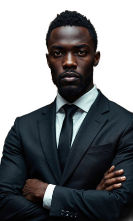 A Black male executive in dark gray, standing with arms crossed, surrounded by glowing icons representing financial growth, symbolizing hisの素材