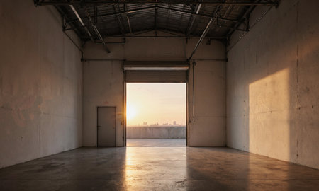 Golden Hour Backdrop. The empty studios massive roll-up door is open, allowing the golden hour sun to flood the spaceの素材