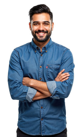 Man Arms Crossed. A Hispanic or Latino man with short dark hair and a beard, wearing a blue denim shirtの素材