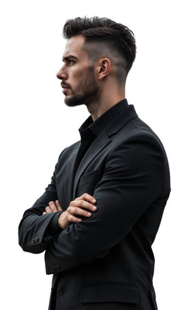 A determined man in sleek black, his profile sharp against a backdrop of rising skyscrapers, representing ambition and powerの素材