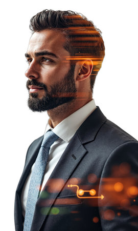 A charismatic man in brushed copper, surrounded by holographic timelines of client stories, his gaze unwavering-symbolizing leadership anchored in customerの素材