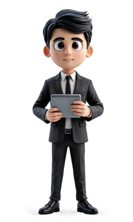 A focused male CEO in jet black, surrounded by swirling digital networks and data, representing his deep understanding of howの素材