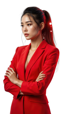 A focused female entrepreneur in bright red, her stance powerful and commanding, with holographic success symbols surrounding her, symbolizing herの素材