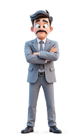 A focused male business mogul in a light gray suit, surrounded by digital innovation symbols and economic growth indicators, representingの素材