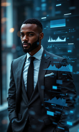A focused Black male business magnate in a sharp dark gray suit, surrounded by holographic business projections and stock marketの素材