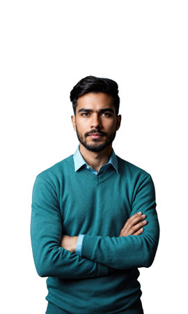 A Latinx business leader in teal, arms folded as golden financial symbols and abstract blueprints of success emerge around himの素材