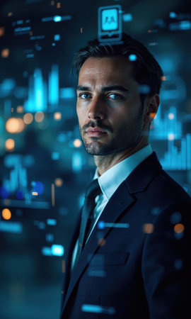 A White male entrepreneur in a sleek navy suit, gazing confidently as glowing digital charts and data projections surround himの素材
