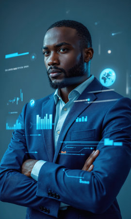 A Black male business leader in soft blue, arms crossed, with digital charts and graphs highlighting his achievements, representingの素材