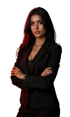 A Latin female CEO in a volcanic amber studio, arms folded as lava veins glow beneath her, reflecting inner fireの素材