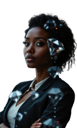 A poised Black female executive framed by floating geometric diamonds, arms folded with quiet confidence, symbolizing clarity, elevationの素材