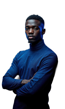 A Black male leader in sapphire blue, arms folded as digital data pulses through the air around him, symbolizing tech-drivenの素材