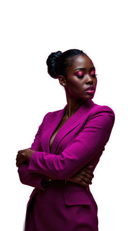 A Black female business mogul in bold magenta, arms confidently folded, surrounded by radiant beams of light representing her dynamicの素材