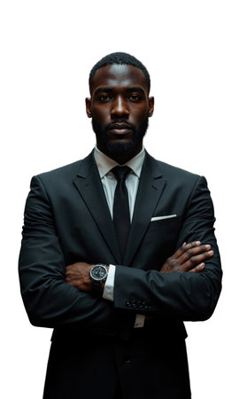 A dark-skinned male leader in polished black, arms folded with exploding paper contracts behind, symbolizing negotiation mastery, bold dealsの素材