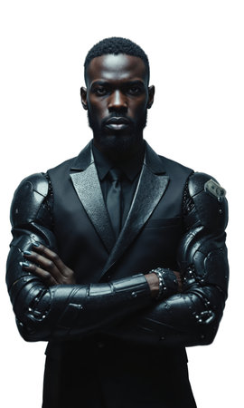 A dark-skinned male innovator in bronze and carbon, arms folded as robotic hands exchange currency in the background, symbolizing automationの素材