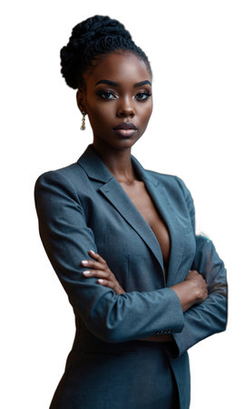 A Black female entrepreneur in a sleek gray suit, confidently crossing her arms with a visionary gaze, surrounded by holographicの素材