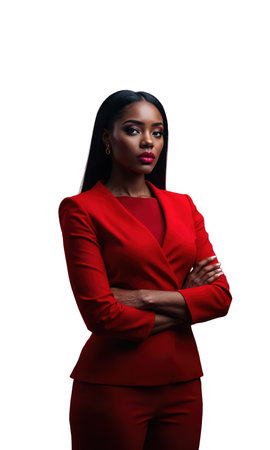 A Black female CEO in striking crimson, arms folded with a commanding presence, surrounded by glowing symbols of creativity, influenceの素材