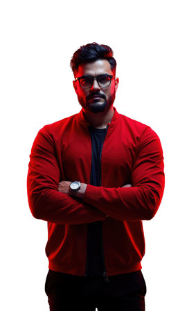 A South Asian male entrepreneur in deep crimson, arms crossed with focused intensity, surrounded by vibrant light waves representing innovationの素材