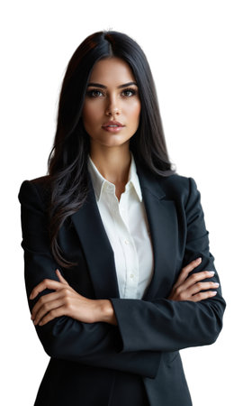 A Latina business mogul standing tall in a sleek, modern office, her arms confidently folded. Her calm, determined expression symbolizesの素材