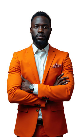 A Black male CEO in bold orange, arms crossed with an assertive stance, surrounded by glowing financial symbols and businessの素材
