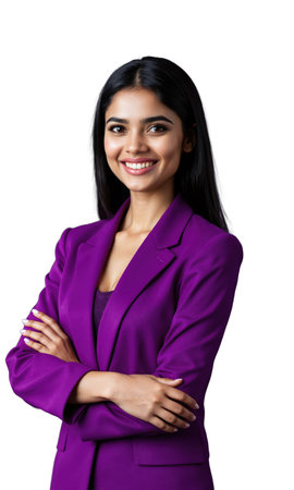 A South Asian female entrepreneur in vibrant purple, arms crossed with a confident expression, surrounded by dynamic symbols of techの素材