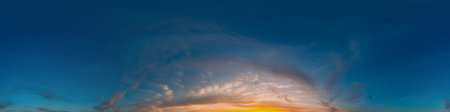 Seamless 360 HDR spherical panorama of sunset sky with vibrant pink Cirrus clouds. Full zenith or...