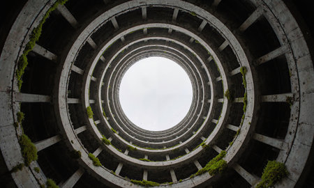 Vacant cooling tower Interior of a cooling tower, towering round walls converging to an open sky circle, wide fisheye lensの素材