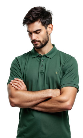 Man Green Poloshirt. A young Caucasian man with short dark hair and a beard, wearing a green polo shirt, looksの素材