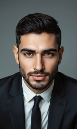 Middle Eastern male with cropped beard and brushed-forward hair, gazing intensely at conflict-resolution models, his expression solemn, symbolizing emotional maturityの素材