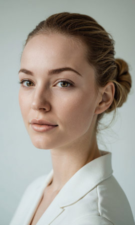 White female brand leader with sleek side bun and crystalline frames, her serene face framed by harmonic linework, symbolizing gracefulの素材